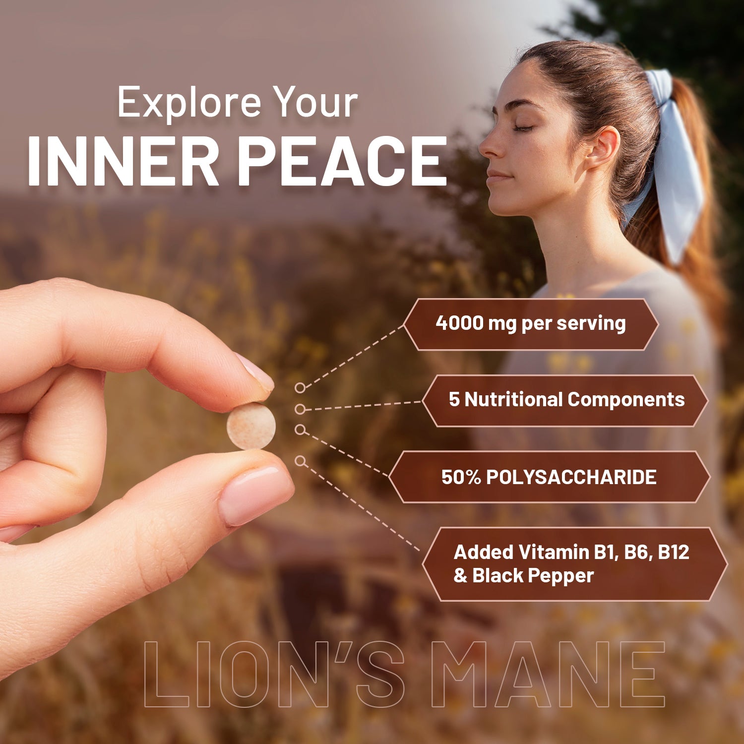 Lion's Mane Mind and Focus Supplement 4000mg with Vitamin B1, B6, B12 & Black Pepper